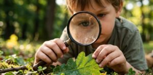 Criança explorando a natureza e aprendendo sobre biodiversidade na educação infantil. como cuidar do meio ambiente educação infantil plantando mudas. alfabetização ecológica, Educação ambiental BNCC, atividades sustentáveis para crianças