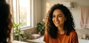 Vencer a Insegurança no Relacionamento - Mulher brasileira cultivando a autoestima no namoro diante do espelho, passo essencial para a segurança emocional