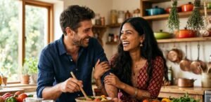Casal diverso rindo em uma cozinha, simbolizando a amizade e a conexão emocional no amor. Como Fazer um Rapaz se Apaixonar por Mim. psicologia da sedução, gatilhos mentais do amor, linguagem corporal feminina