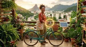 Preservar o Meio Ambiente - Mulher brasileira (late 30s) sorrindo em uma varanda com plantas, segurando sua bicicleta vintage e uma sacola reutilizável, simbolizando a responsabilidade individual e a conexão consciente com o meio ambiente no Blog Mais Você. Um halo de luz dourada liga sua mão à natureza e a pequenos painéis solares portáteis na grade