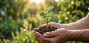 Mãos protegendo uma muda de planta, simbolizando o compromisso em preservar o meio ambiente. economia circular. biofilia circular