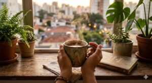Slow Living no Brasil -Close-up de mãos segurando uma caneca de cerâmica, simbolizando um momento de pausa e presença no Slow Living no Brasil