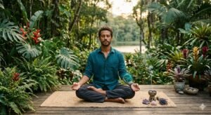 biohacking para iniciantes - Homem brasileiro praticando meditação e biohacking para iniciantes em um ambiente natural e tecnológico, focando no bem-estar holístico