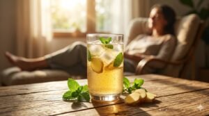 Um copo refrescante de Kombucha gelada com hortelã e gengibre, ilustrando os cuidados com a saúde intestinal e humor no Blog Mais Você -