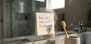 Linguagens do Amor 2026 - Close-up de um bilhete manuscrito colado no espelho do banheiro com a frase 'Bom dia, meu amor! Te admiro.' ao lado de uma escova de dentes de madeira, simbolizando gestos de carinho na rotina