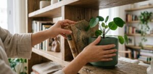 O Que a Decoração Diz Sobre Você - Detalhe de mãos organizando estante de livros e plantas, demonstrando o passo a passo da decoração afetiva