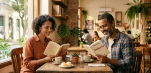Casal curtindo a leitura individual na mesma mesa, simbolizando a importância da individualidade no relacionamento. seu parceiro precisa de espaço, sinais de desgaste no relacionamento, crise no casamento o que fazer, individualidade no relacionamento