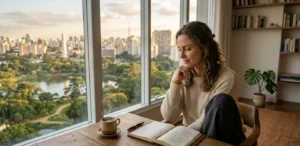 Pessoa em um momento de foco e meditação com um diário de produtividade à mesa, simbolizando a blindagem cerebral contra a ansiedade digital. viver com valor. equilíbrio entre finanças e relacionamento, como combater a ansiedade financeira, estratégias de inteligência financeira 2026.