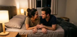 Casal reconectado após abandonar o hábito de usar o celular antes de dormir. phubbing no casamento, ansiedade digital a dois