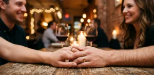 Mãos dadas de um casal em um restaurante aconchegante, demonstrando a importância de um relacionamento de longo prazo cultivado com encontros românticos. como manter a paixão viva após 5 anos de casamento. relacionamento de longo prazo, rotina a dois, como reacender a chama no casamento