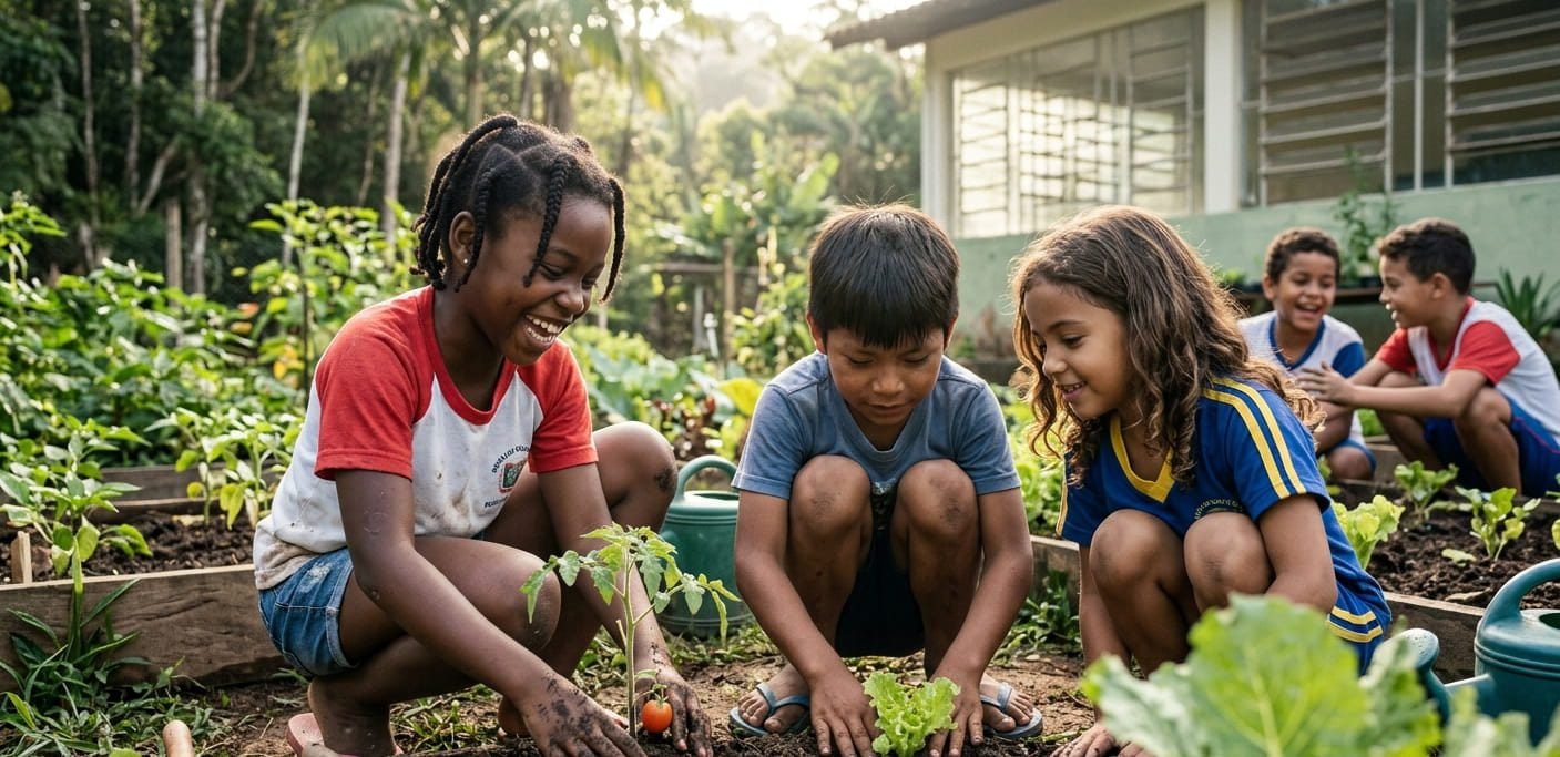 Crianças em atividade prática de como cuidar do meio ambiente educação infantil plantando mudas. alfabetização ecológica, Educação ambiental BNCC, atividades sustentáveis para crianças
