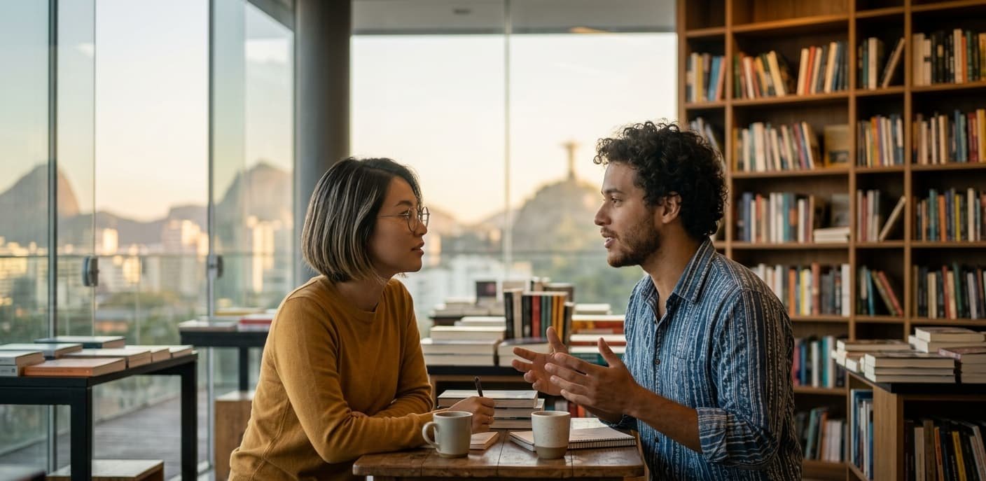 Como Fazer o Seu Crush se Apaixonar por Você - Fotografia cinematográfica de um casal brasileiro diverso na casa dos 20 anos (mulher asiática com óculos e homem pardo), engajados em uma conversa profunda e autêntica em uma biblioteca moderna ao pôr do sol, ilustrando o poder da inteligência e autenticidade para fazer o seu crush se apaixonar por você. linguagem corporal da sedução, inteligência emocional no amor