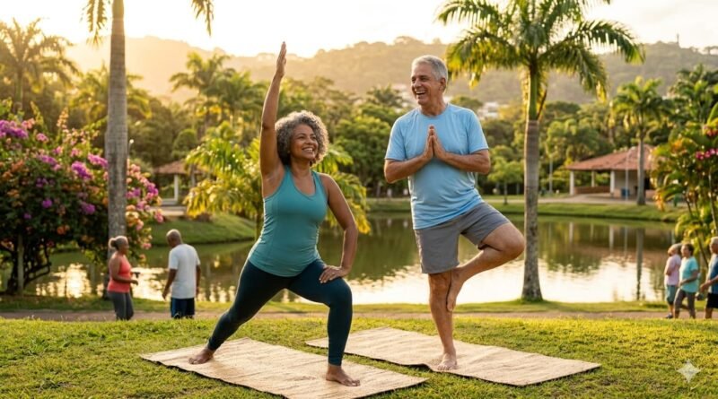 Cuidados de Prevenção no Envelhecimento - Casal de idosos brasileiros, afro-brasileira e luso-brasileiro, praticando ioga no parque com vitalidade e autonomia durante a manhã dourada. Demonstração de saúde e bem-estar para o Blog Mais Você.