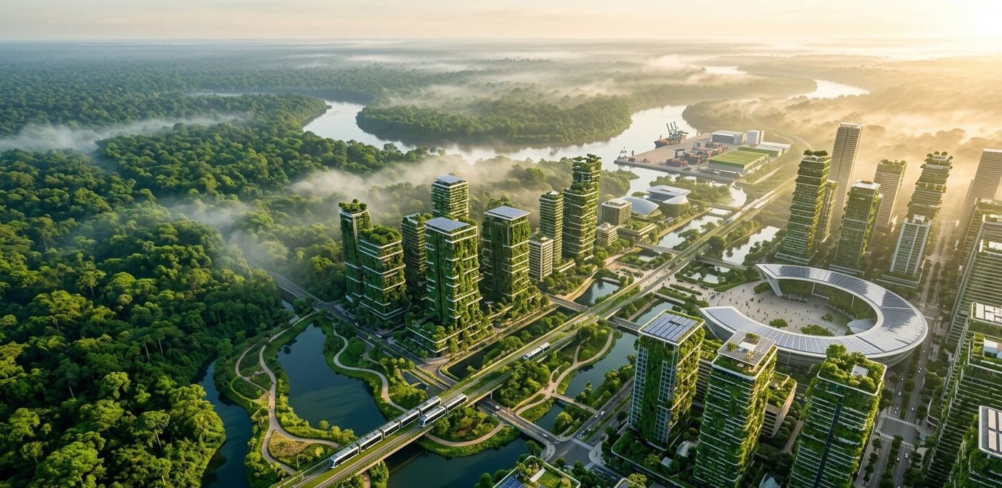 Preservar o Meio Ambiente - Vista aérea de uma cidade sustentável brasileira integrada à natureza para preservar o meio ambiente. pegada de carbono individual. economia circular. biofilia circular