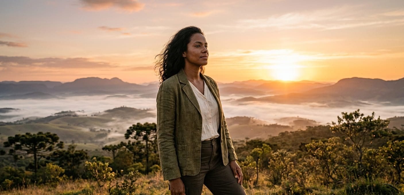 mente forte saude mental 2026 - Pessoa brasileira confiante ao amanhecer, representando a conquista de uma mente forte e resiliência emocional. Saúde mental 2026