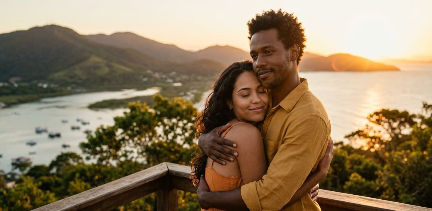 vencer a insegurança no relacionamento - autoestima no namoro - Casal brasileiro unido em um abraço seguro, simbolizando o sucesso em vencer a insegurança no relacionamento.
