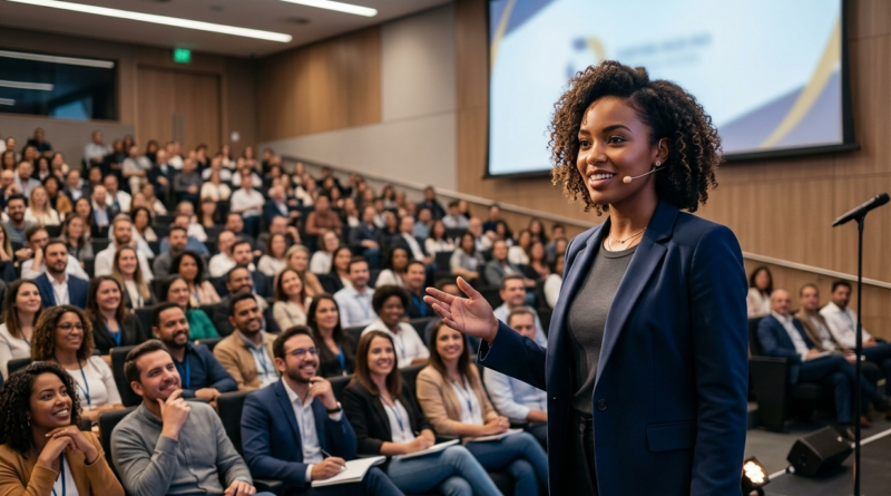 Como Falar Bem em Público - Pessoa praticando como falar bem em público com confiança