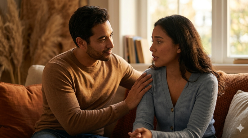 Um casal feliz e acolhido, um abraçado ao outro, demonstrando como os hábitos de bem-estar fortalecem a conexão do casal no Blog Mais Você - Hábitos de bem-estar