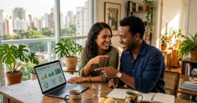 Dividir as Contas no Casal - Casal brasileiro moderno sorrindo enquanto olha para um tablet, planejando as finanças com café sobre a mesa.