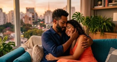Linguagens do Amor 2026 - Casal brasileiro jovem abraçados espontaneamente sentado em um sofá aconchegante. focando na conexão emocional sem tecnologia