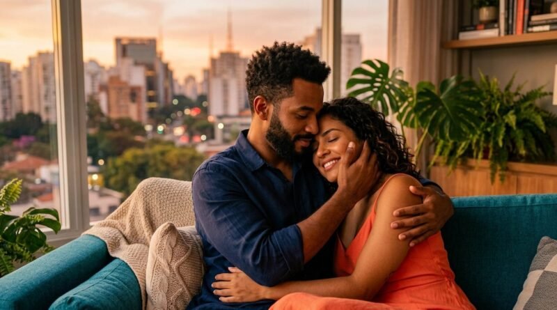 Linguagens do Amor 2026 - Casal brasileiro jovem abraçados espontaneamente sentado em um sofá aconchegante. focando na conexão emocional sem tecnologia