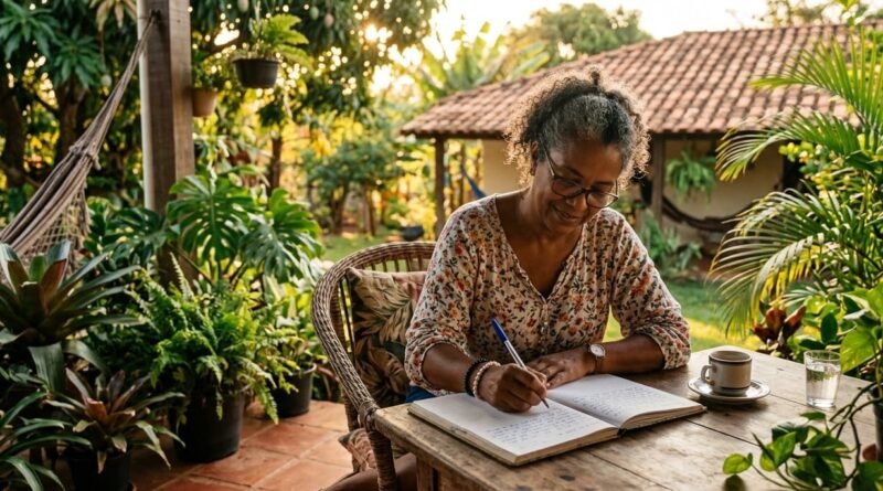 O Poder da Gratidão - Pessoa praticando o poder da gratidão ao escrever em um diário em uma varanda iluminada e relaxante.