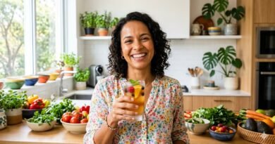Saúde Intestinal e Humor - Mulher radiante cuidando da saúde intestinal e humor através de alimentação natural e probióticos no Blog Mais Você.