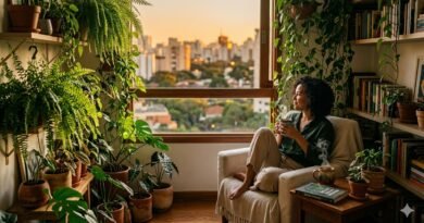 Slow Living no Brasil - Pessoa praticando o Slow Living no Brasil, relaxando em um apartamento repleto de plantas enquanto observa o pôr do sol na cidade