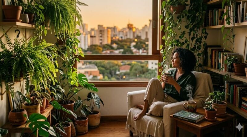 Slow Living no Brasil - Pessoa praticando o Slow Living no Brasil, relaxando em um apartamento repleto de plantas enquanto observa o pôr do sol na cidade