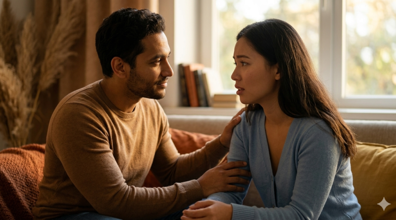 Um casal em sintonia tendo uma conversa empática e de apoio, demonstrando como ser empático em um ambiente acolhedor e focado no Blog Mais Você. - Como ser empático