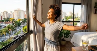 biohacking para iniciantes -Pessoa praticando biohacking para iniciantes ao abrir as cortinas para receber luz solar matinal e otimizar a energia.