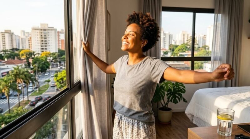 biohacking para iniciantes -Pessoa praticando biohacking para iniciantes ao abrir as cortinas para receber luz solar matinal e otimizar a energia.