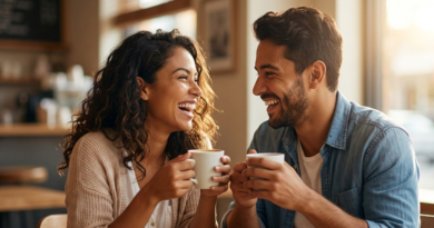 Um casal jovem e feliz (homem negro e mulher branca, com traços latinos/portugueses) rindo genuinamente e conversando em um café aconchegante à tarde.