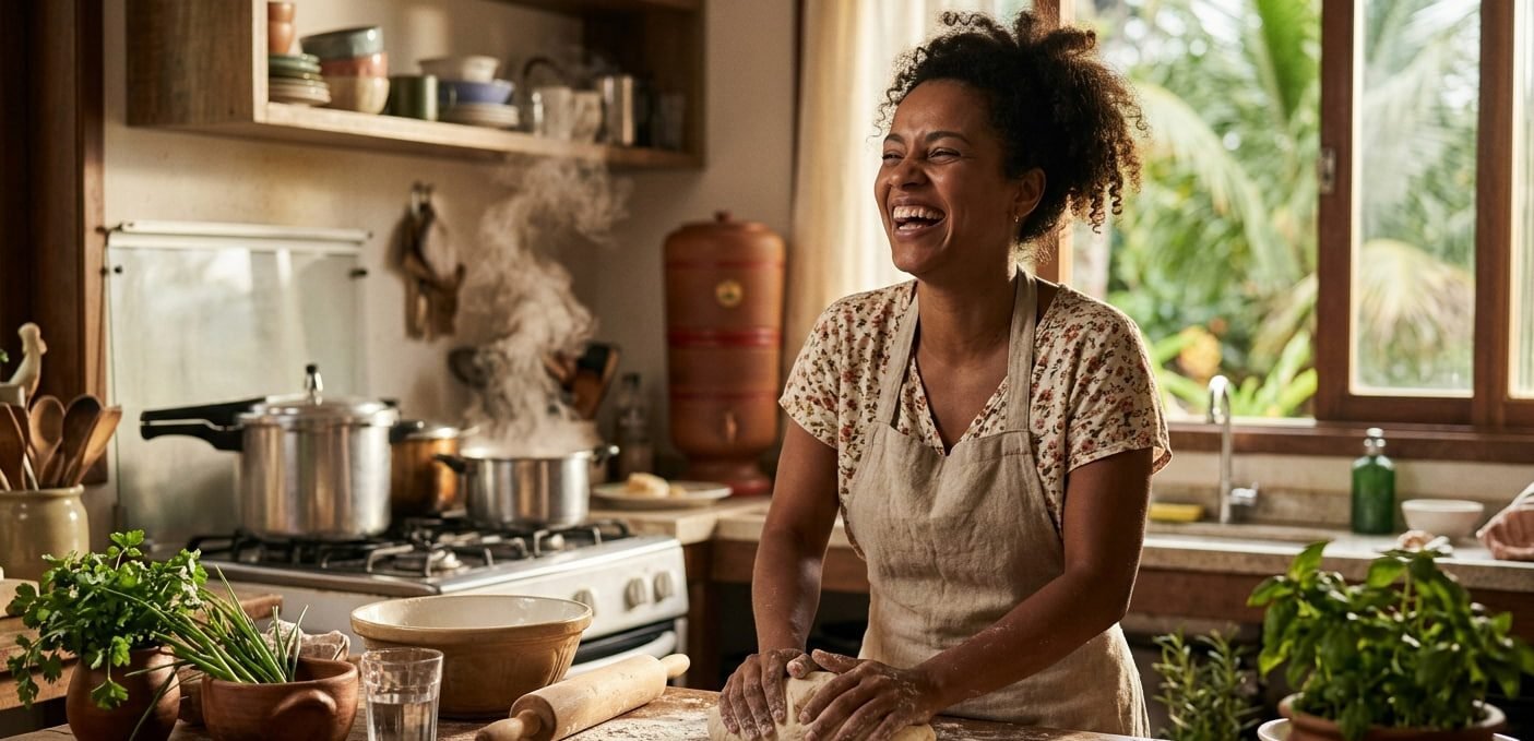Culinária Afetiva - Culinária afetiva como terapia para o estresse: pessoa cozinhando em ambiente acolhedor e ensolarado