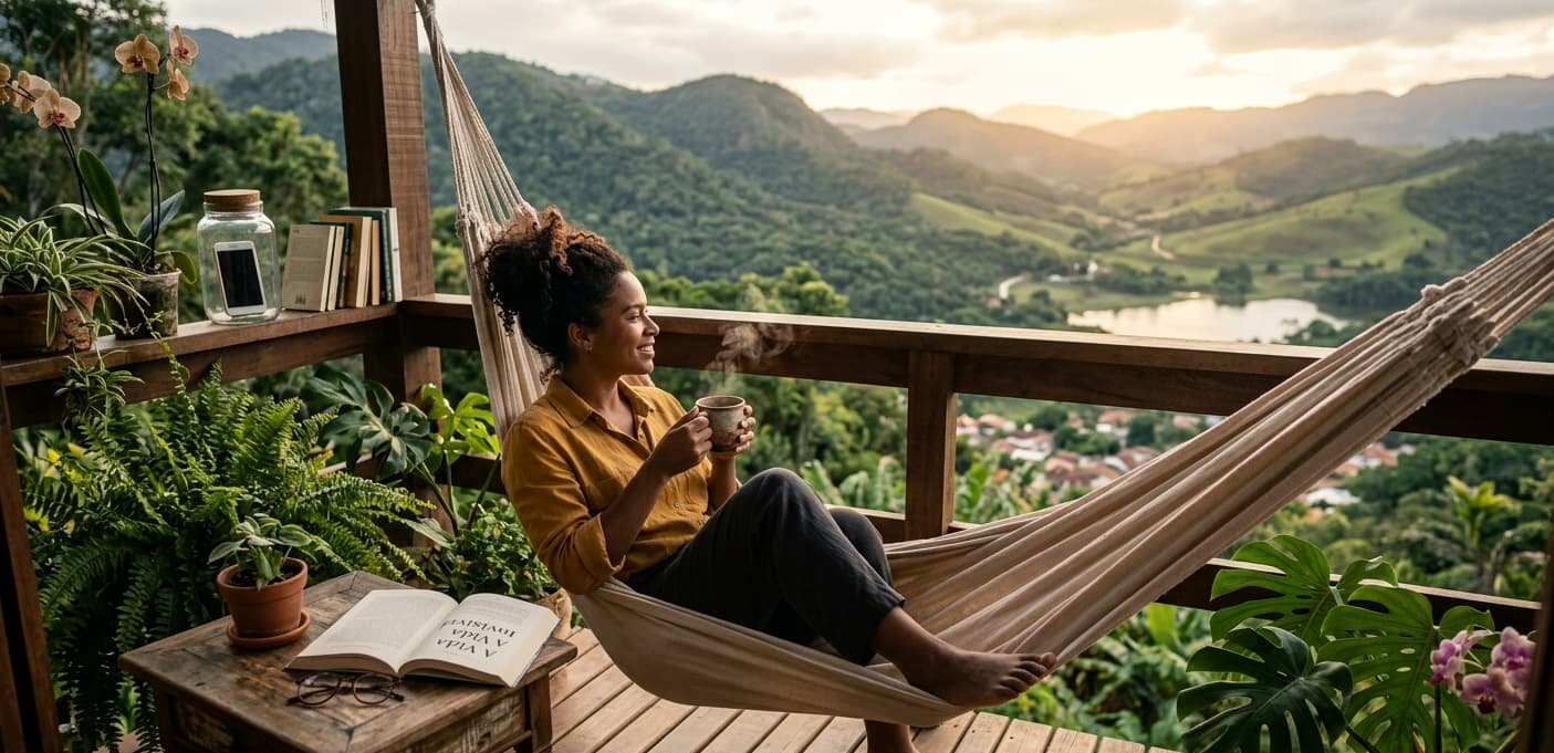 Dieta Digital para Resetar Seu Cérebro - Pessoa brasileira descalça sentada na varanda com xícara de café e livro, com smartphone isolado em pote de vidro ao fundo, representando a dieta digital. jejum tecnológico