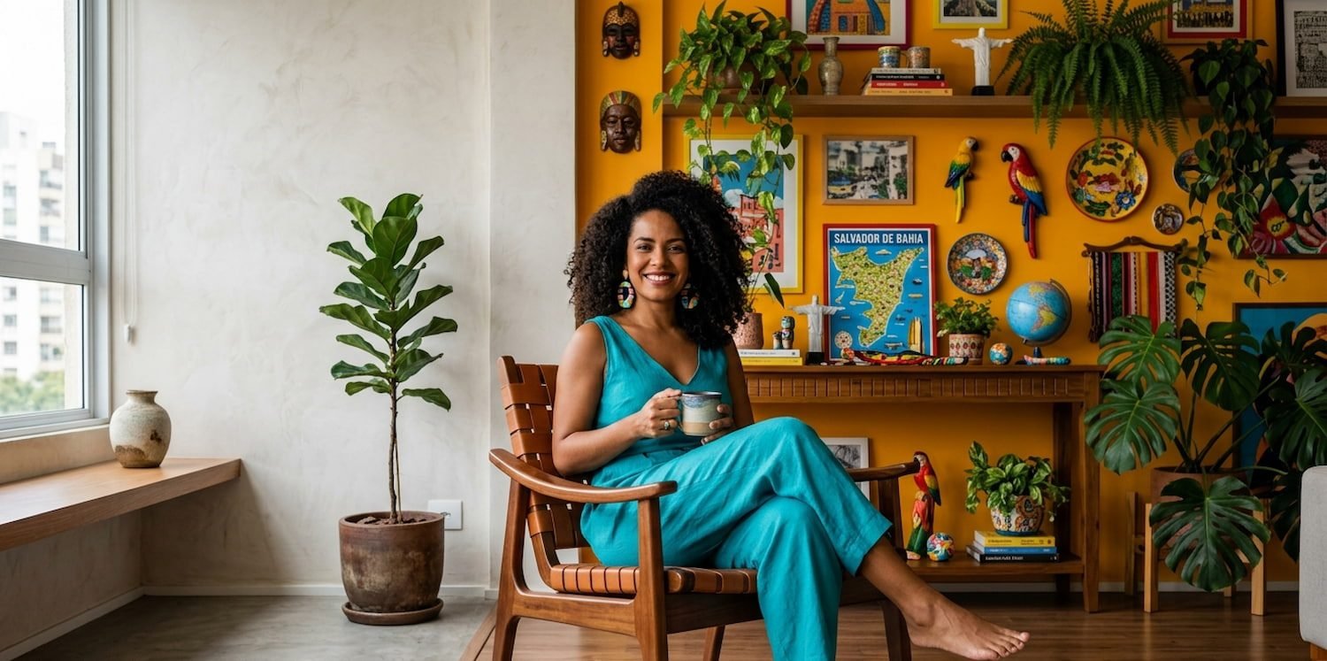 O Que a Decoração Diz Sobre Você - jovem brasileira negra em ambiente híbrido de decoração minimalista e maximalista, representando o que a decoração diz sobre você.