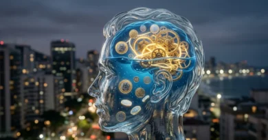 Representação visual da blindagem mental contra a ansiedade financeira e controle emocional. Ansiedade Financeira, Saúde Mental e Dinheiro, Blindagem Mental. Neurofinanças, Inteligência Emocional Financeira