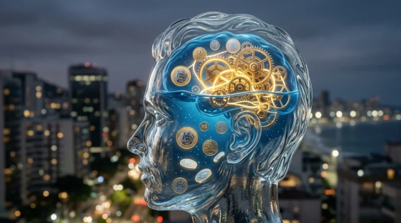 Representação visual da blindagem mental contra a ansiedade financeira e controle emocional. Ansiedade Financeira, Saúde Mental e Dinheiro, Blindagem Mental. Neurofinanças, Inteligência Emocional Financeira