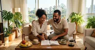 Casal brasileiro sorrindo e planejando a vida juntos na mesa de café da manhã, representando o conceito de viver com valor. equilíbrio entre finanças e relacionamento, como combater a ansiedade financeira, estratégias de inteligência financeira 2026.