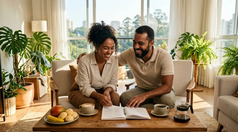 Casal brasileiro sorrindo e planejando a vida juntos na mesa de café da manhã, representando o conceito de viver com valor. equilíbrio entre finanças e relacionamento, como combater a ansiedade financeira, estratégias de inteligência financeira 2026.
