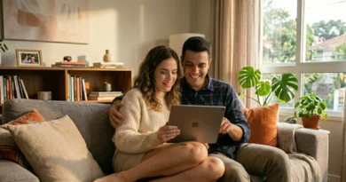 Casal brasileiro conversando sobre finanças com tranquilidade e alegria. Falar de dinheiro com o parceiro, Finanças para casais, Orçamento familiar. Comunicação não-violenta financeira, Planejamento financeiro a dois