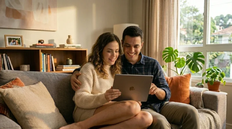 Casal brasileiro conversando sobre finanças com tranquilidade e alegria. Falar de dinheiro com o parceiro, Finanças para casais, Orçamento familiar. Comunicação não-violenta financeira, Planejamento financeiro a dois