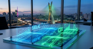 Infográfico digital comparando as taxas Selic e CDI no mercado financeiro brasileiro em 2026. Selic vs. CDI, Renda Fixa em 2026. Tesouro Direto vs. CDB, Melhores Investimentos 2026, Inteligência Financeira.