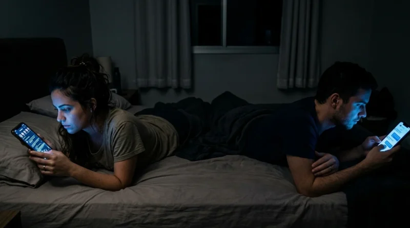 Casal brasileiro ignorando um ao outro devido ao uso do celular na cama. uso do celular na cama. phubbing no casamento, ansiedade digital a dois