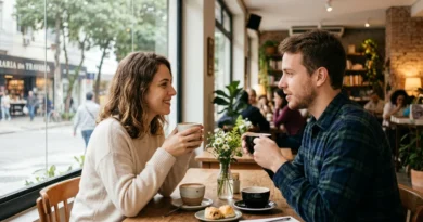 Relacionamento - Casal (vida a dois) conversando calmamente em um café, aplicando técnicas para resolver conflitos de casal com maturidade. Inteligência Emocional