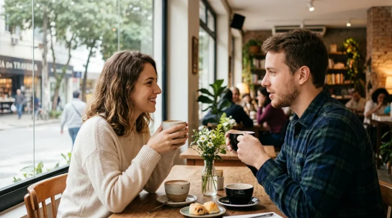 Relacionamento - Casal (vida a dois) conversando calmamente em um café, aplicando técnicas para resolver conflitos de casal com maturidade. Inteligência Emocional