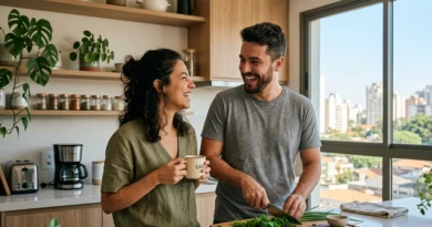 Homem cozinhando para a esposa na bancada da cozinha moderna, exemplificando atitudes práticas de como manter a paixão viva após 5 anos de casamento. relacionamento de longo prazo, rotina a dois, como reacender a chama no casamento