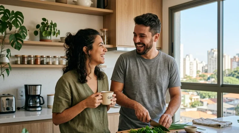 Homem cozinhando para a esposa na bancada da cozinha moderna, exemplificando atitudes práticas de como manter a paixão viva após 5 anos de casamento. relacionamento de longo prazo, rotina a dois, como reacender a chama no casamento